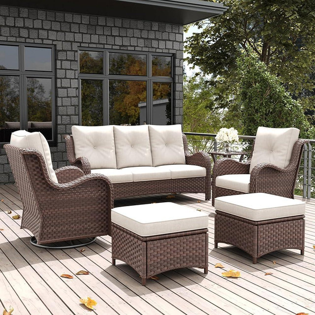 LayinSun 6 Pieces Outdoor Patio Furniture Set, Rattan Wicker Sectional Swivel Rocker Chairs Sets with Ottomans, Swivel Glider Chairs, and Coffee Table