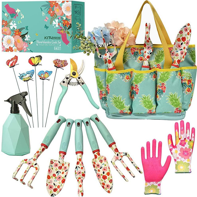 Kit4Pros Floral Garden Tool Set| Gardening Gifts for Women Birthday| Heavy Duty Tools Kit|Storage Tote Bag Organizer| Pruning Shears| Gardener Gloves| Sprayer| Weeder| Trowel (Floral Set)