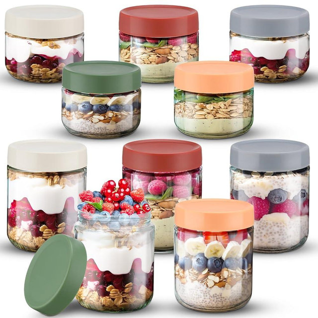 Qinyoung 10 Pcs 16 oz and 10 oz Overnight Oats Containers with Lids Leak Proof Glass Jar with Screw Lid Portable Stackable Yogurt Containers for Oatmeal Dressing Pudding Salad Condiment (Retro Color)