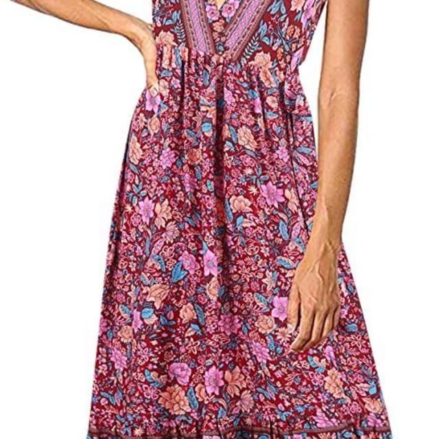 R.Vivimos Women's Summer Short Sleeve Floral Print Bohemian Beach Waist Tie Wrap Long Flowy Dress with Slit