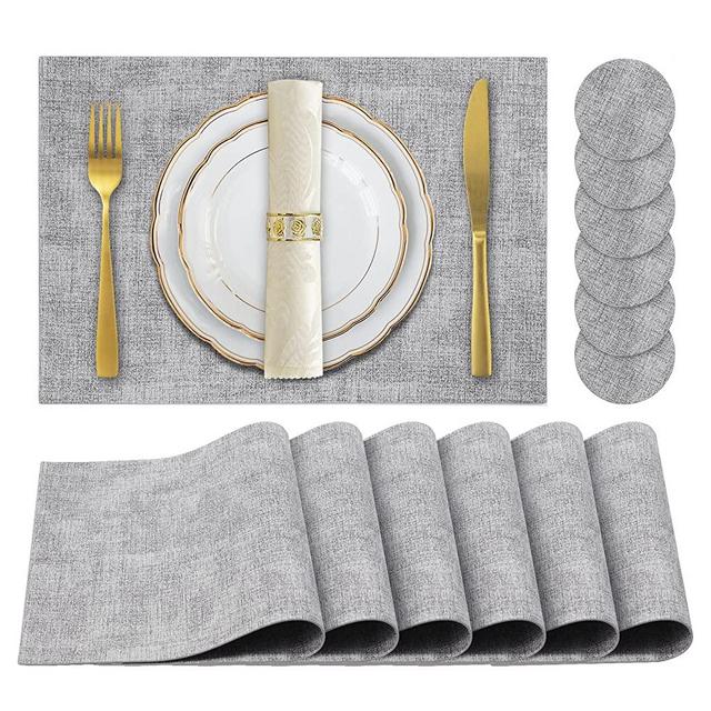 JUCCWARM Faux Leather Placemats Set of 6,Heat Resistant Placemats for Dining Table, Easy Clean Non-Slip Place Mats, Waterproof Stain Resistant Wipeable Washable PU Table Mats, (Light Grey)