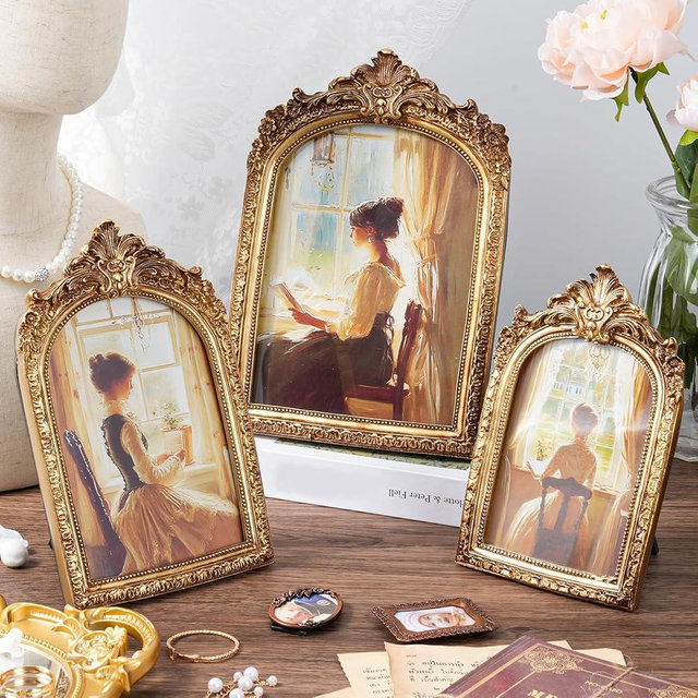 linastu 3 Pcs Vintage Picture Frames Antique Set, Ornate Gold Baroque Photo Frames with Real Glass for Tabletop and Wall Mount Ornate, Retro Home Decor and Wall Art (4x6, 5x7, 6x8)