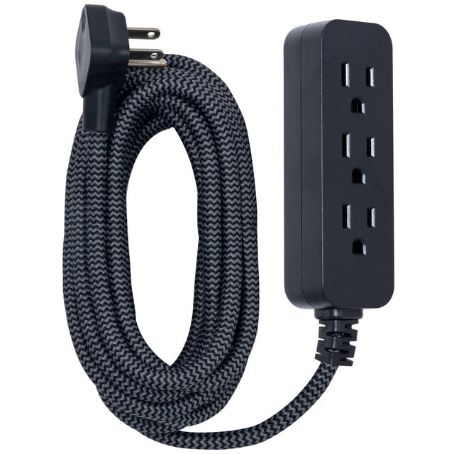 GE 3-Outlet Extension Cord 15' Braided Cord Black/Gray
