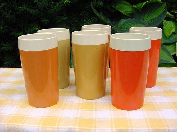 Mid Century Set of 6 Tumblers - Vintage 60s 70s Orange Yellow Gold for RV, Camper, Picnic, Patio - Hard Plastic MCM Dinnerware