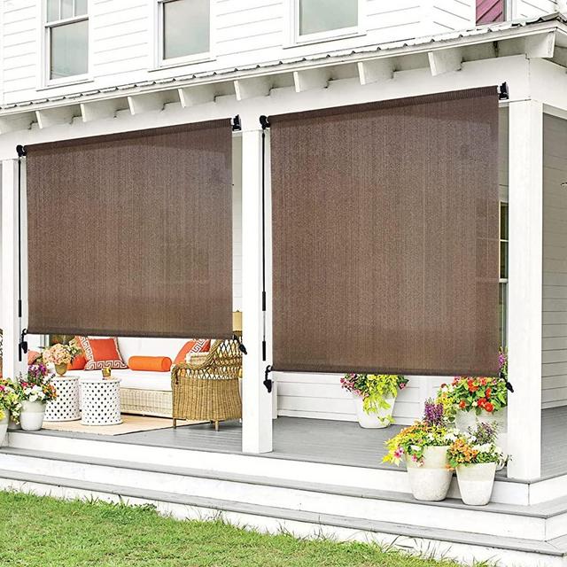 Artpuch Outdoor Roller Shade 6'(W) x6'(L) Fabric Blind Mocha Cordless Roll Up Shade, Wand Operation Exterior Roller Shade Cloth for Patio Porch Gazebo