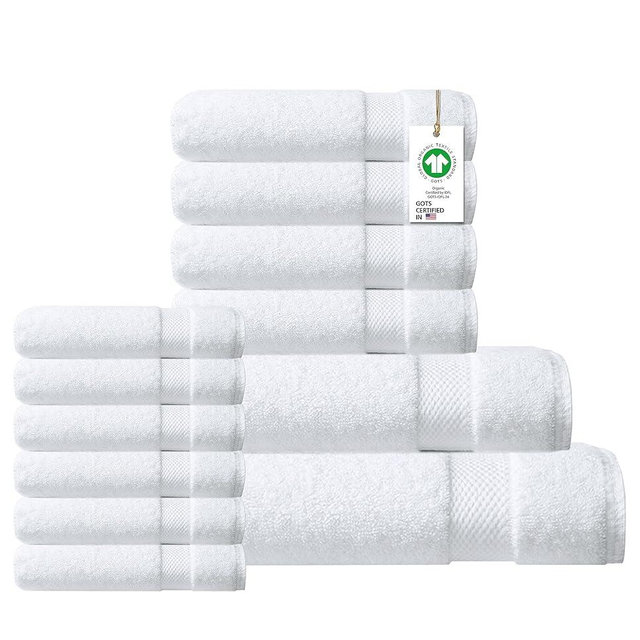 Delara 100% Organic Cotton Towels 650 GSM Plush Feather Touch Quick Dry Towel, 12-Piece Towel Set GOTS Certified, Oeko-Tex Green Certified, 1 Bath Towel, 1 Bath Sheet, 4 Hand Towels & 6 Wash Cloths
