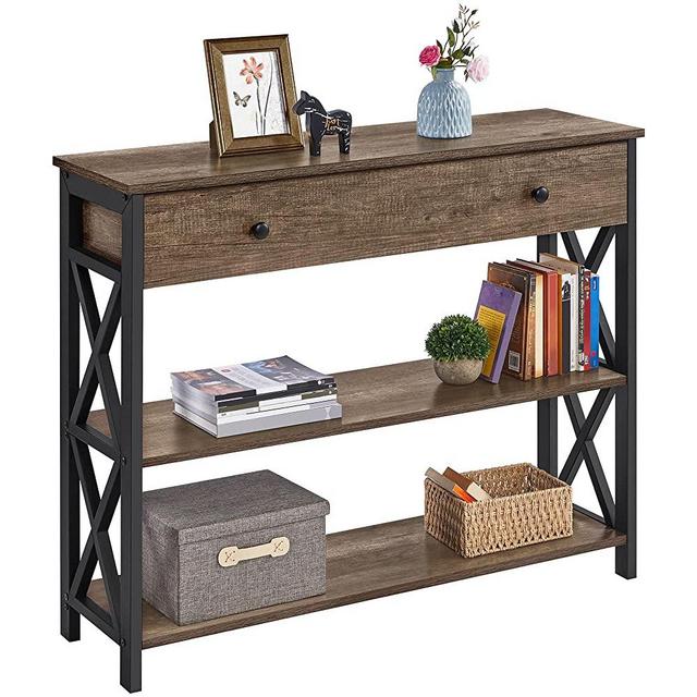 Yaheetech Console Table for Entryway with Drawer and 2 Open Shelves, Industrial Sofa Table with Storage for Living Room, 3 Tier Narrow Console Table with Shelves, Sturdy and Durable, Taupe Wood