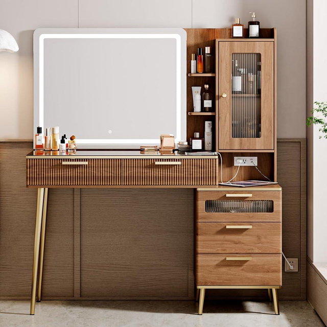 Vanity Desk with 29.53" HD Lighted Mirror, 47.24" Big Modern Vanity Desk with Mirror and Lights, Makeup Vanity with 5 Drawers and Storage Shelves and Charging Station, Walnut1
