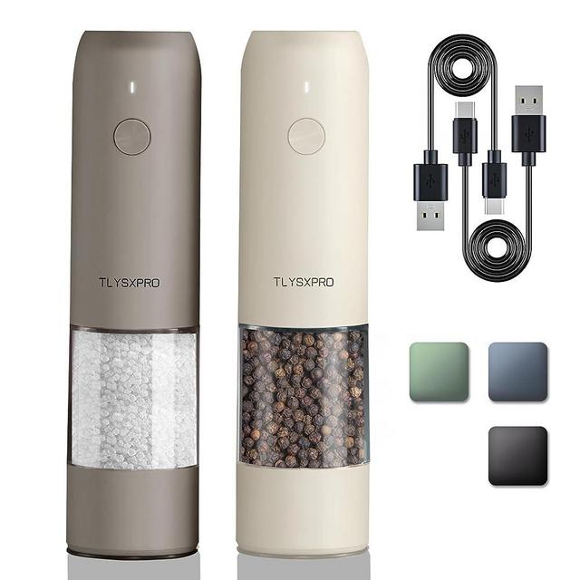 Electric Salt and Pepper Grinder Set, USB Rechargeable, Automatic Salt and Pepper Mill Grinder with Adjustable Coarseness, Electric Salt Shakers, LED Light, Refillable (2 Packs, Greige&Ivory)