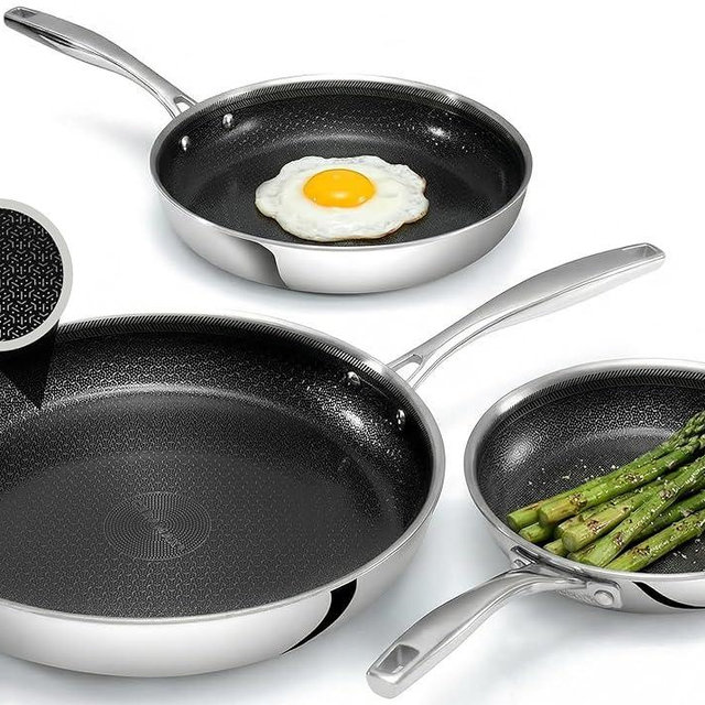 CERAMAX Gotham Steel Hybrid 3pc Stainless Steel Non Stick Frying Pans Set, 8 10 12 inch Ceramic Frying Pan Skillet Set, Induction Ready, Made without PFAS & PFOA, Oven and Dishwasher Safe - Black