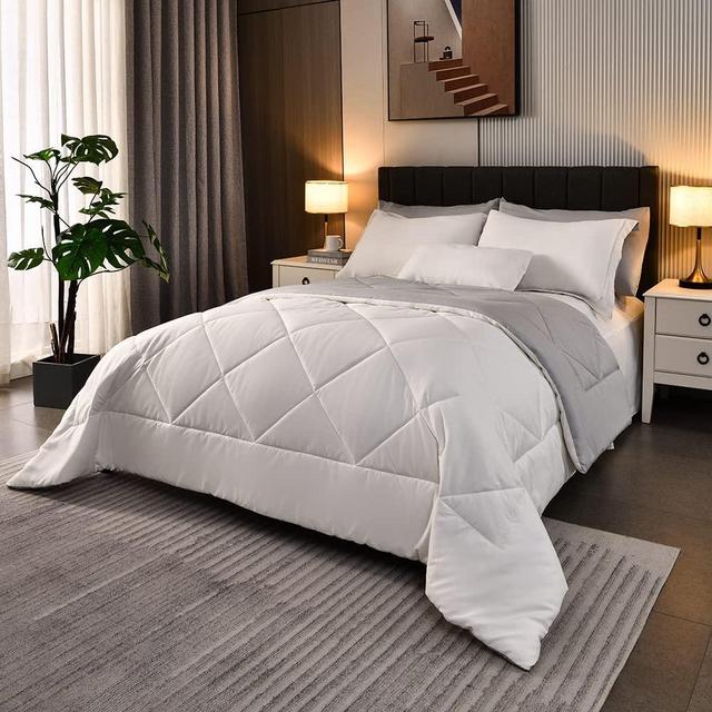 YANYIJING Queen Comforter Set 8 Pieces Reversible Comforter Set, Queen Bed Set with Comforters, Sheets, Bed Skirts, Pillow Cases & Shames, White Bed in Bag