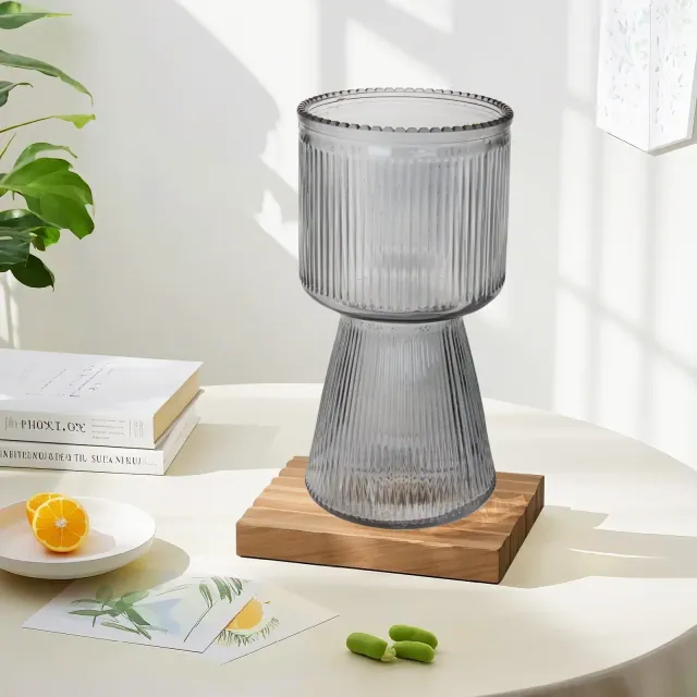 VECELO 3.94 in. Torch-shaped Ribbed Glass Decorative Flower Vase, Gray