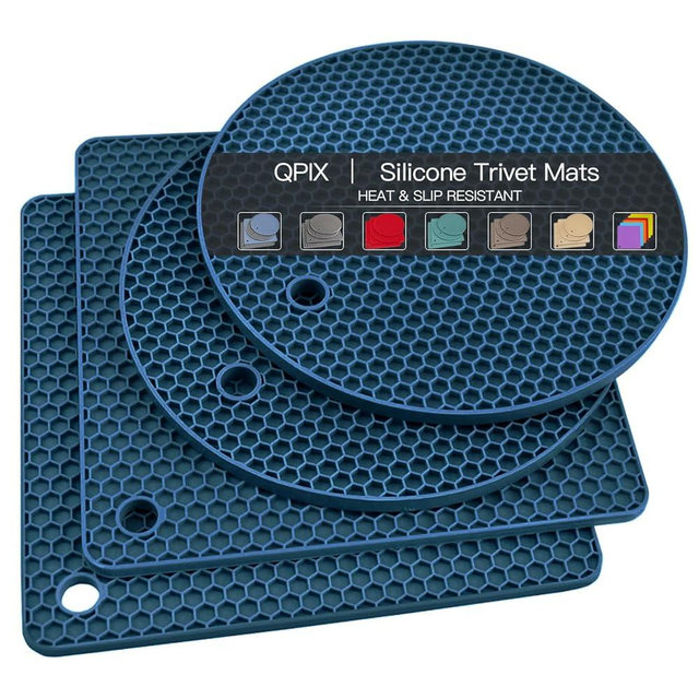 Silicone Trivets for Hot Dishes, 4 PCS Multipurpose Heat Resistant Mat Thick Silicone Hot Pads Pot Holders for Kitchen Counter, Flexible Jar Opener Food Grade Spoon Holder, Indigo Coasters