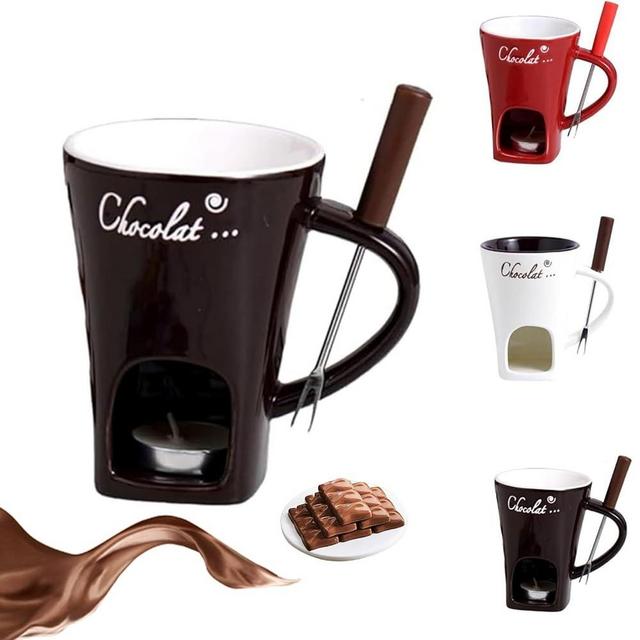 Fondue Cup, Chocolate Melting Fondue Mugs Set of with Forks and Candle, Ceramic Chocolate Melting Cup, Mini Chocolate Fondue Cups Set For Date Night Birthday Wedding Gifts, Mini Simmer Mug (Coffee)