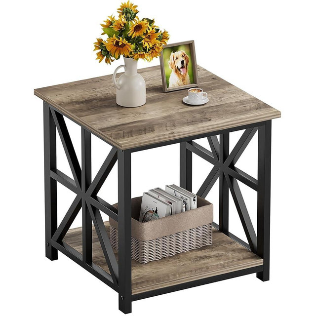 GreenForest End Table with 2-Tier Storage Shelf, 24 inch Side Table for Living Room,Modern Nightstand for Bedroom Bedside Office Farmhouse, Grey Wash