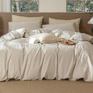 MooMee Striped Duvet Cover Set 100% Washed Cotton Linen Like Textured Breathable Durable Soft Comfy (Tannish Linen Grey White Pinstripes, Super Queen 90"x98")