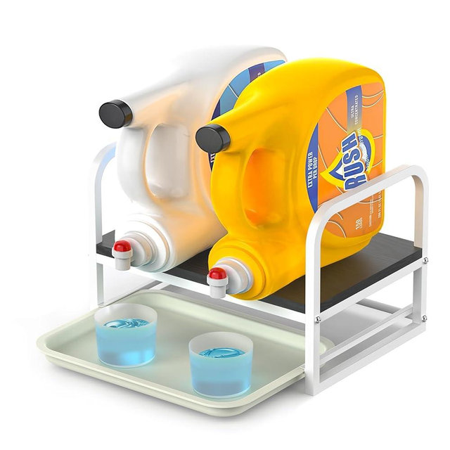 PAPAGIFTREE Laundry Detergent Holder Stand, Liquid Detergent Dispenser Shelf Organizer with Cleanable Drip Tray, Liquid Holder Stand Catcher for Laundry Room Organization and Storage (Flat-BlackWhite)