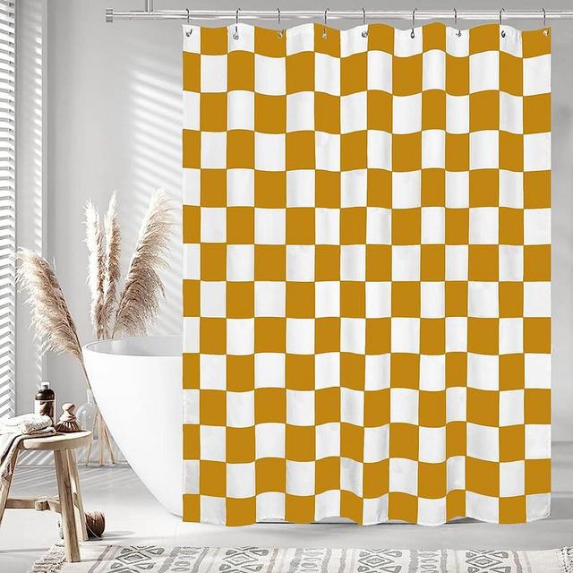Tititex Aesthetic Checkerboard Grid Pattern Shower Curtain, White Yellow Modern Shower Curtain Sets Decoration 71x71 Inch with Hooks