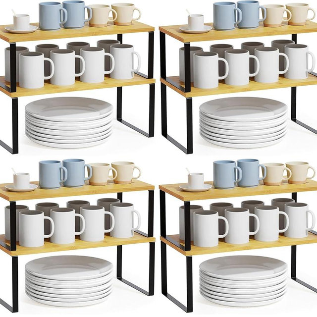 SpaceAid Cabinet Shelf Organizers 8 Pack, Kitchen Counter Rack Shelves Riser, Stackable Expandable Spice Rack, Pantry Cupboard Storage Organization (Black and Natural, Long)