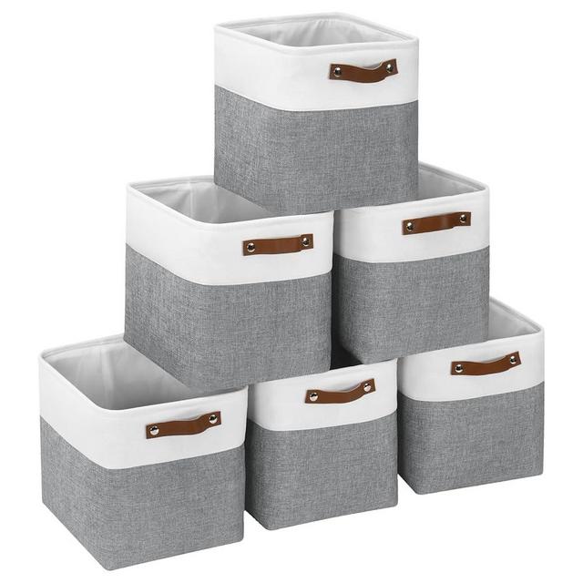 FinishingBo Cube Storage Baskets 6 Pack, 11x11 inch Foldable Cube Storage Bins with Leather Handles for Shelf Closet Nursery Toys (White/ Gray)