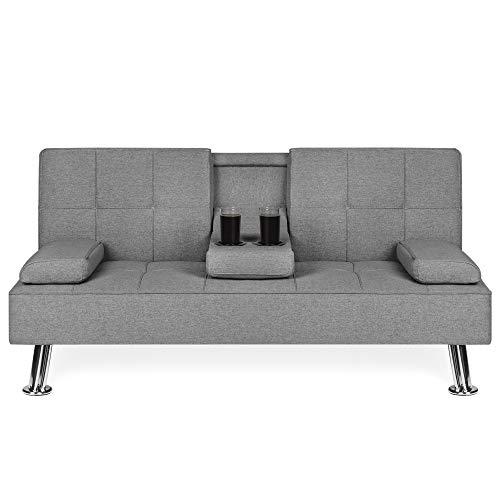 Best Choice Products Modern Linen Convertible Futon Sofa Bed w/Metal Legs, 2 Cupholders - Gray
