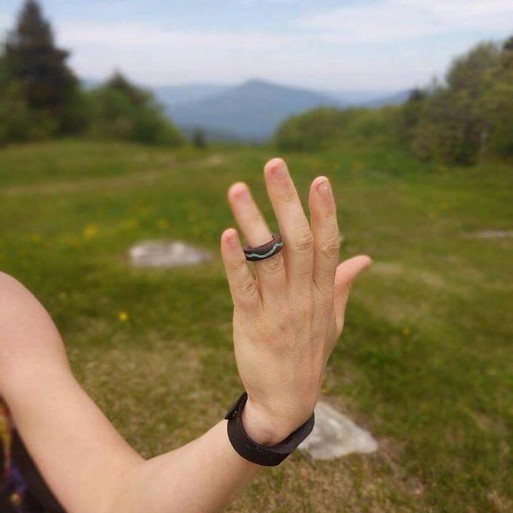 this beauty was handcrafted by Josh. He chose black walnut and etched out a mountain profile which was filled with crushed turquoise. I could not have dreamed of a more meaningful or special ring!