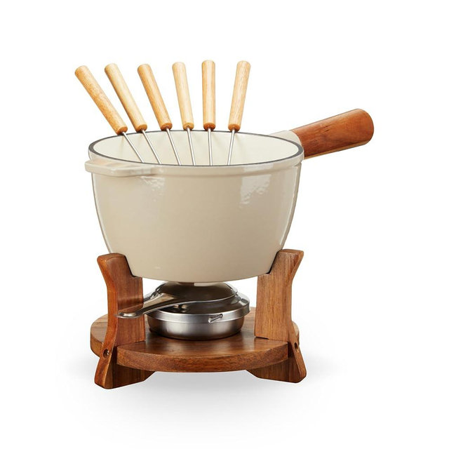 Twine Farmhouse Kitchen Enamel Cast Iron Set Cheese Melting Fondue Pot Metal Stainless Steel Forks and Wood Stand, Beige Set of 1