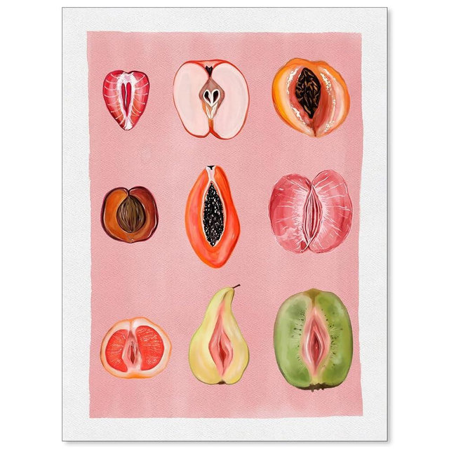 Heltrappe Pink Fruity Sliced Wall Art Vintage Funky Fruit Food Poster Woman Body Positivity Art Prints Sliced Feminine Paintings Picture for Kitchen Bedroom Wall Decor 12X16 inch Unframed