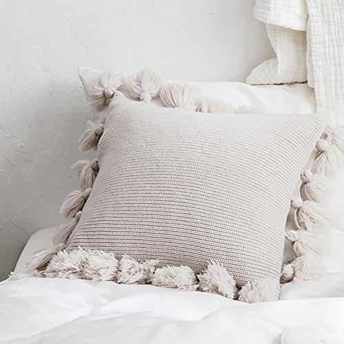 totalshop Cushion Cases Cover for Sofa-Handmade Knitted Decorative Square Warm Throw Pillow Cover/Cushion Cover with Pom Pom Lantern Tassels for Home Spring Summer Decoration,18x18in