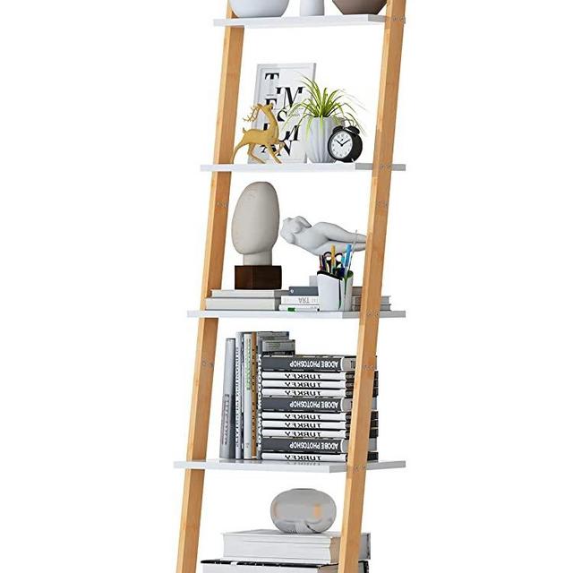 FekCits Ladder Bookshelf, 5 Tier Bamboo Leaning Ladder Shelf, Freestanding Plant Flower Stand Corner Display Bookcase for Living Room, Kitchen, Office, Balcony