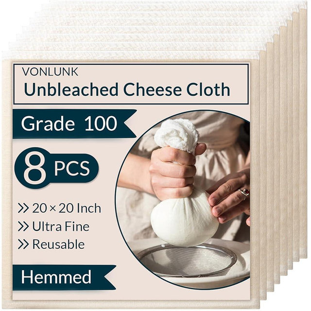 8-Pack Cheesecloth, 20x20 Inch Hemmed Cheese Cloth for Straining, Reusable Unbleached Cotton Strainer for Cooking, Baking, Juicing, and Cheese Making (Grade 100)