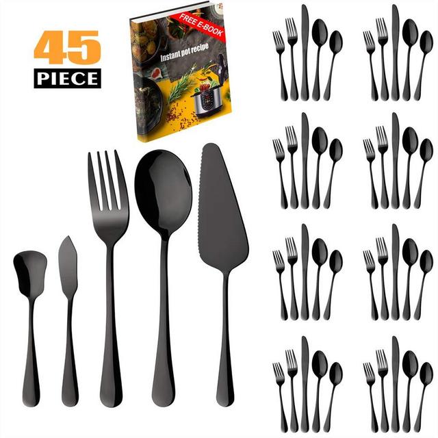 Matte-Black-Silverware-Set, 45 Piece Stainless Steel Flatware Set Cutlery Utensil Service for 8 with Large Spoon Fork Knife Set