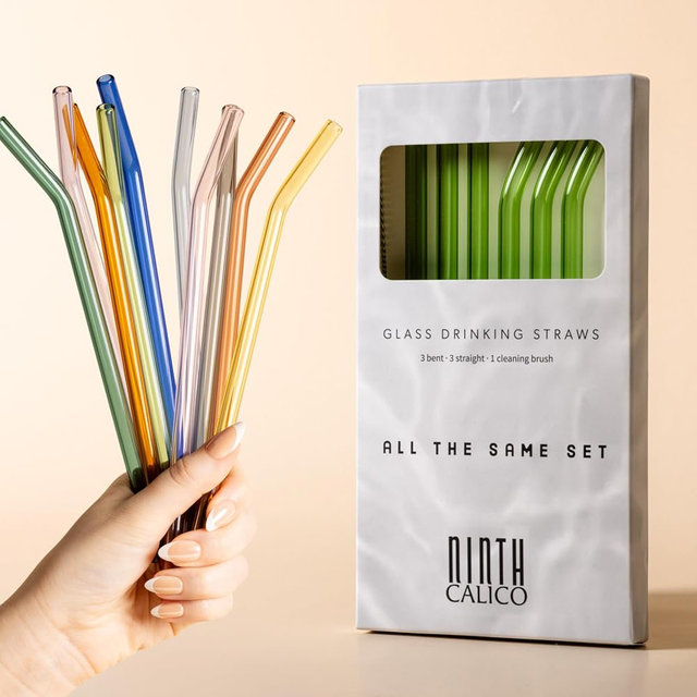 Reusable Glass Drinking Straws – Colorful, Durable, Shatter-Resistant – Includes 3 Straight, 3 Bent Straws & 1 Cleaning Brush (Light Green, 6-Pack)