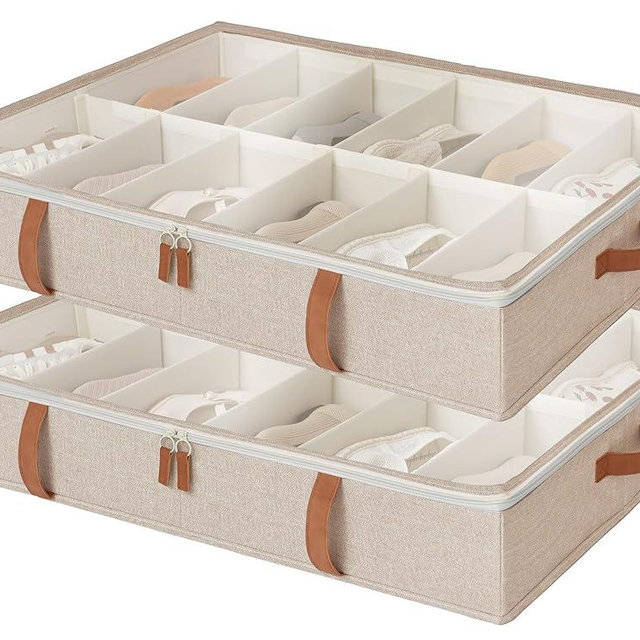 StorageWorks Under Bed Shoe Storage Organizer, Underbed Shoes Container with Adjustable Dividers, Brown, 2-Pack, Fits 24 Pairs