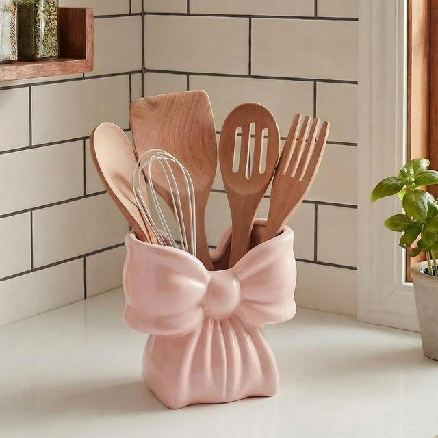 Hushee Pink Bow Ceramic Utensil Holder Cute 3D Coquette Utensil Crock 5.9" Modern Kitchen Counter Organizer Decorative Flower Vase for Home Decor Housewarming Gift