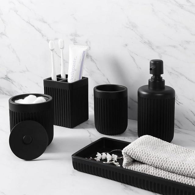 Resin Pink Bathroom Accessories Set 5 Pcs, Lotion Soap Dispenser Toothbrush  Holder Bathroom Tumbler Cotton Swab Jar and Multifunctional Tray, Bathroom