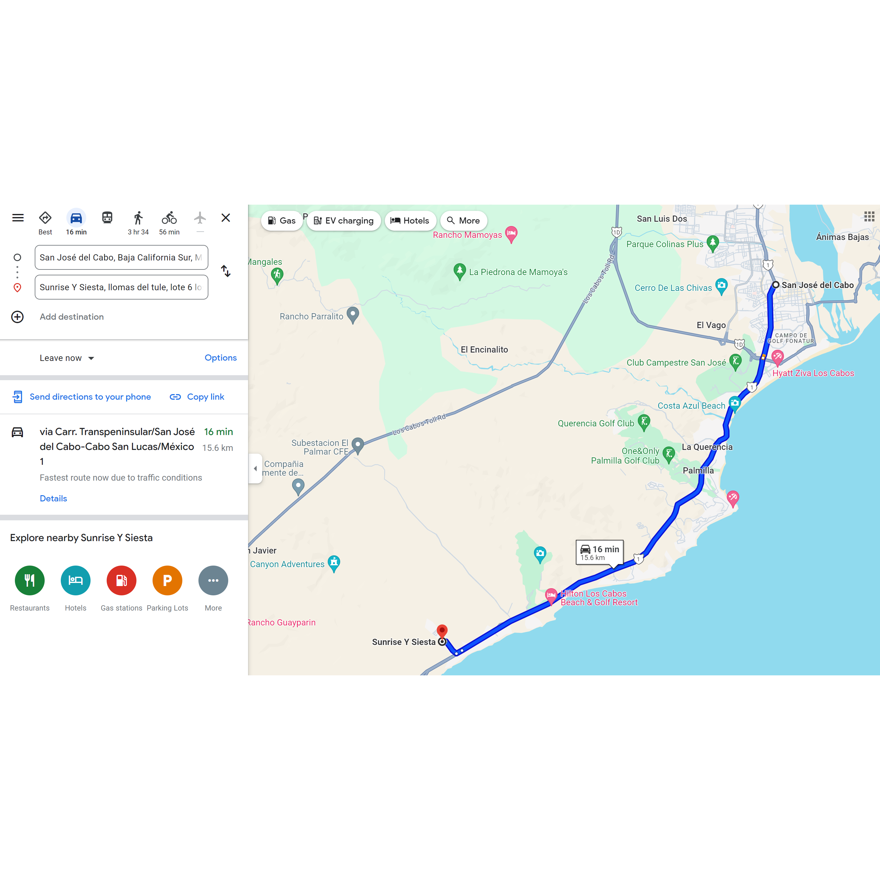 Driving directions from San Jose to Sunrise y Siesta.