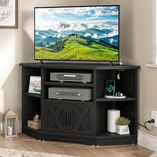 YITAHOME Corner TV Stand, Entertainment Center, Farmhouse TV Stand 55 inch TV w/Power Outlet, TV Stand for Living Room w/Adjustable Storage Shelf, Television Stands for Living Room, Black