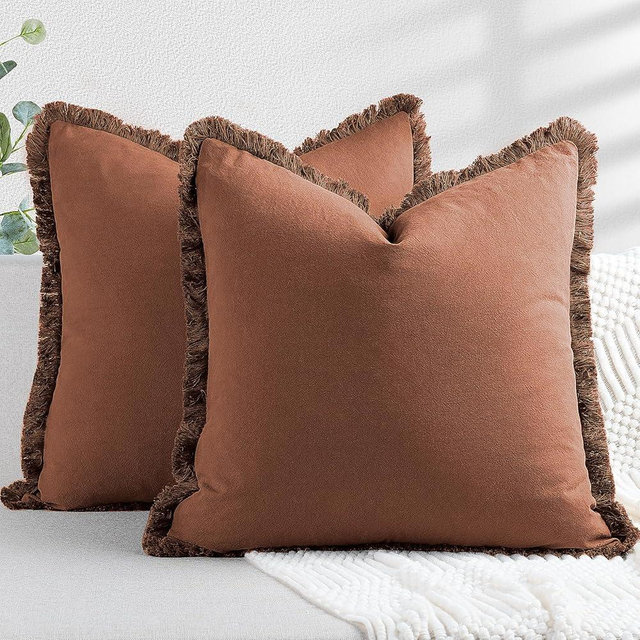ZWJD Pillow Covers 18x18 Set of 2 Rust Throw Pillow Covers with Fringe Chic Cotton Decorative Pillows Square Cushion Covers for Sofa Couch Bed Living Room Farmhouse Boho Decor