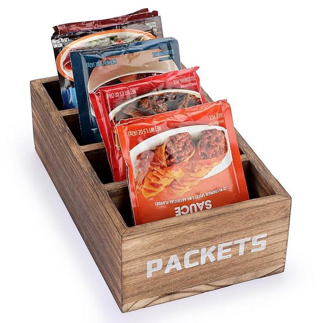 BSTKEY Seasoning Packet Organizer, Food Packet Storage Organizer with 4 Compartments, Wooden Storage Caddy for Kitchen Pantry Cabinet, Farmhouse Kitchen Organization Bins for Snacks Spice Packets