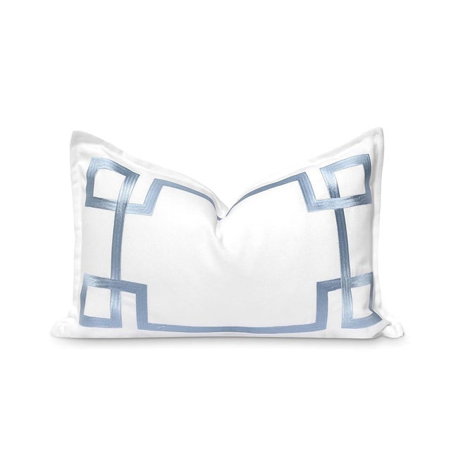 Hofdeco Premium Coastal Patio Indoor Outdoor Lumbar Pillow Cover Only, 12"x20" Water Repellent for Backyard, Couch, Baby Blue Embroidered Frame Greek Key