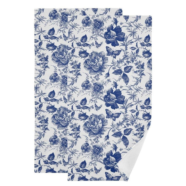 COVASA Blue and White Rose Hand Towels for Bathroom Set of 2,Vintage Chinoiserie Roses Floral Butterfly Kitchen Towels,Microfiber Absorbent Decorative Bathroom Towels for Face,Shower,Gym 14"x28"