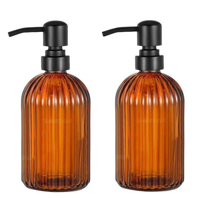 2 Pcs Amber Vertical Design Bathroom and Kitchen Soap Dispenser Set with 16 oz Glass Jar, Matte Black Stainless Steel Pump - for Hand Soap, Dish Soap and Mouthwash Dispenser for Home & Kitchen Decor