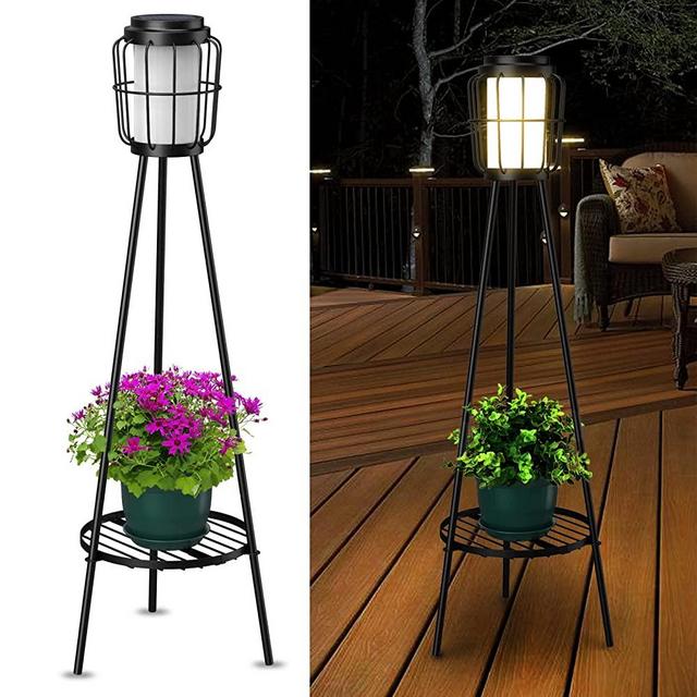 2 Pack Solar Lights Outdoor with Plant Stands, Solar Floor Lamp, Solar Powered Street Lights Metal Tripod Deck Lights Christmas Decorations for Garden Yard Pathway Driveway Porch