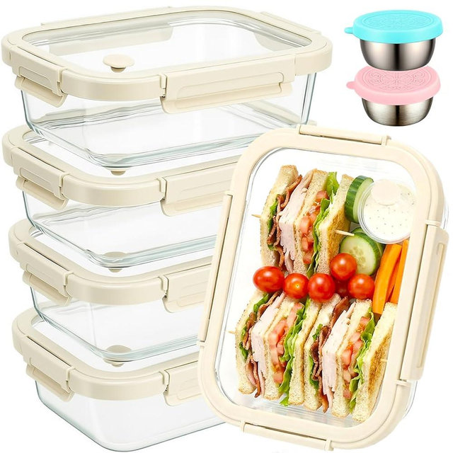 COSYSHINY Glass Food Storage Containers with Glass Lids, Stainless Steel Salad Dressing Containers, Microwave-safe LeakProof Food Containers Set, 5-pack 35 oz（White）