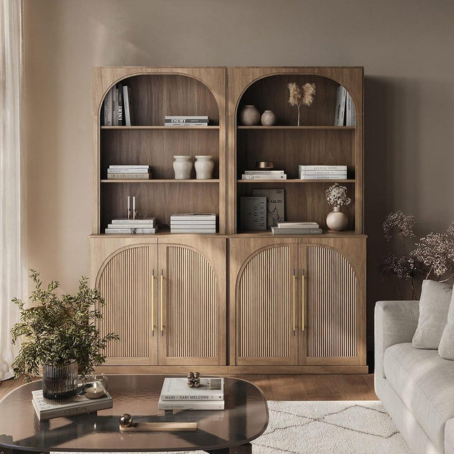 BELLEZE Storage Cabinet with Hutch Set of 2, 72" Tall Modern Wood Sideboard with 3-Tier Shelves, Curved Styling Door Cabinet Curio Cabinet for Office, Study, Kitchen, Living Room, Camel