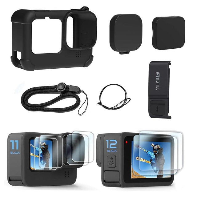 FitStill Black Silicone Sleeve Case for Go Pro Hero 12/Hero 11/Hero 10/Hero 9 Black,Battery Side Cover&Screen Protectors& Lens Caps&Lanyard for Go Pro Hero 12/11/10/9 Black Accessories Kit
