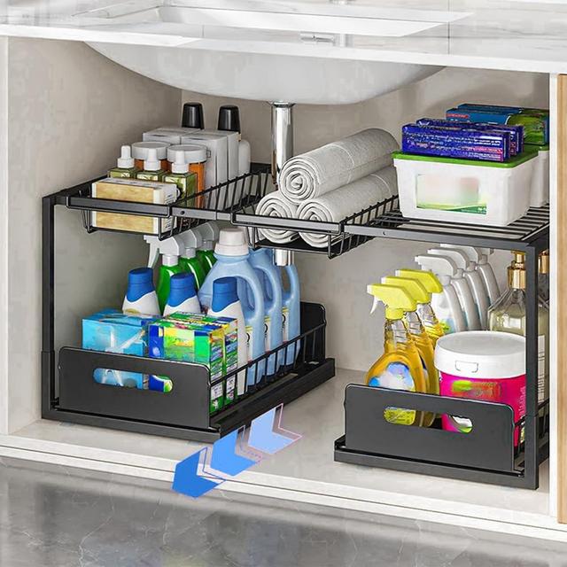 FOXMIND Under Sink Organizer,Double Drawers Large Volume 2-Tier Sink Rack Cabinet Organizer,Adjustable Width(23.6"-29.5"),2 Adjustable Basket,Black