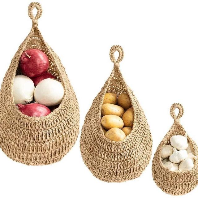 Boho Jute Hanging Basket - Wicker Hanging Fruit Basket for Fresh Produce Storage, Vegetable Keeper for Potato, Onion Garlic, Plant Holder - Handmade Kitchen Pantry Organizer (L12×18 M10×16 S6×10)