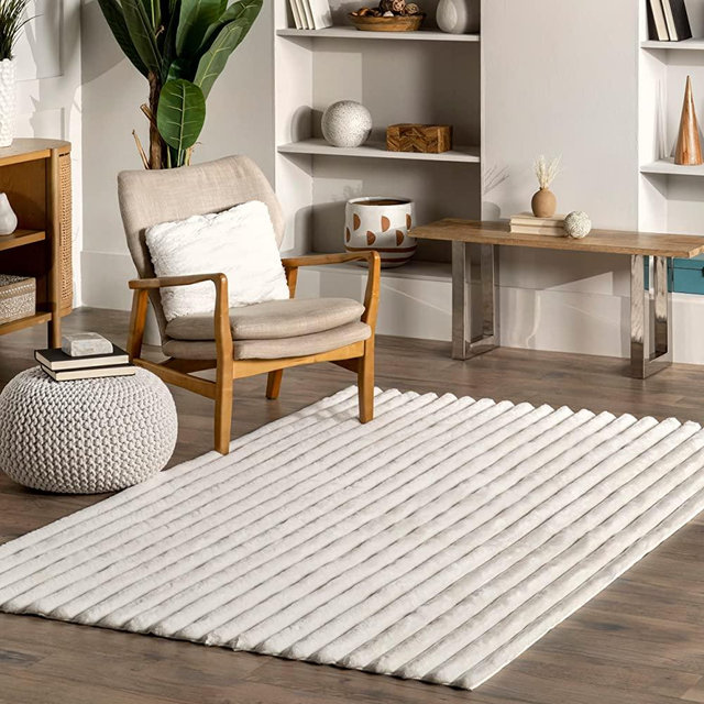 nuLOOM Kai Stripe Faux Rabbit Machine Washable Area Rug, 7' 6" x 9' 6", White